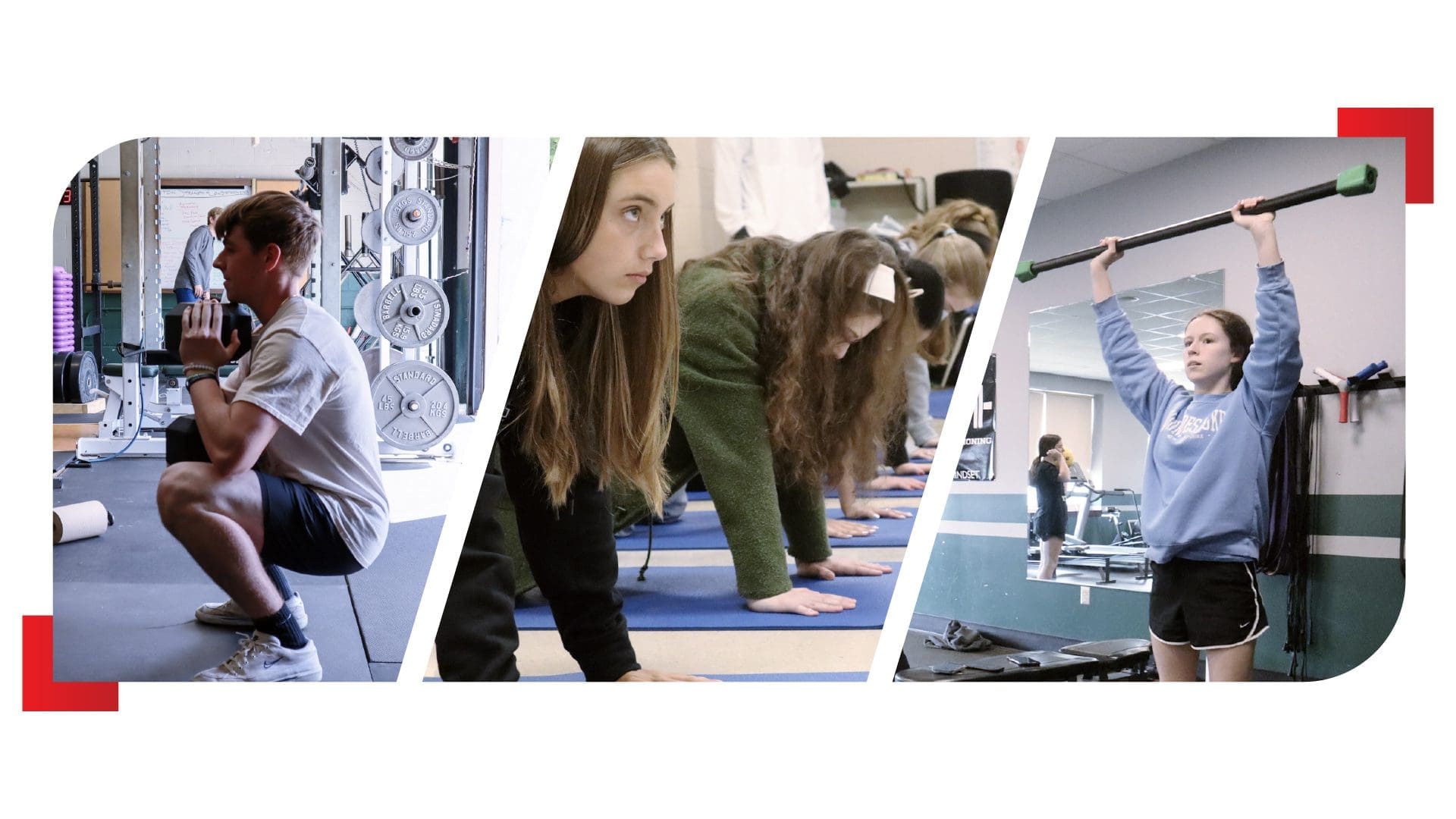 Students participate in different types of fitness activities like weightlifting, yoga, and bootcamp.