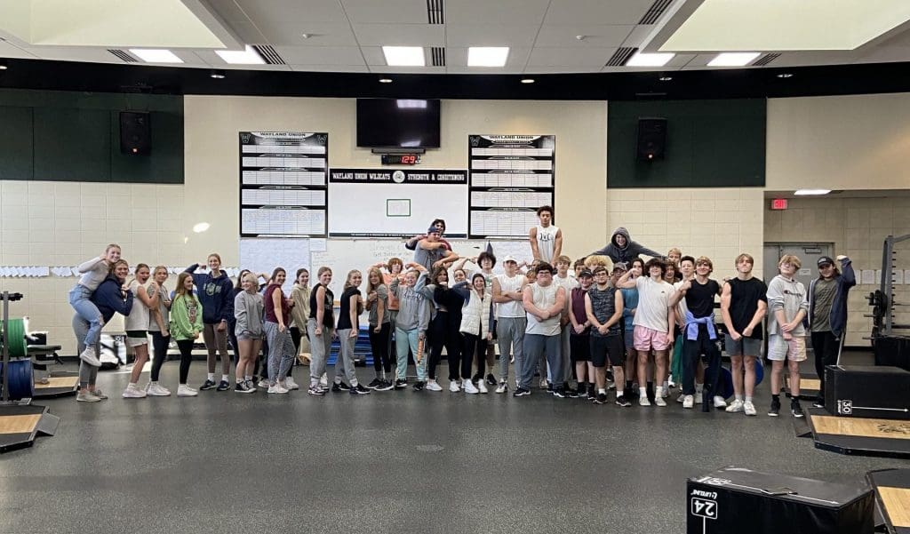 A full class of Wayland Union High School physical education students.