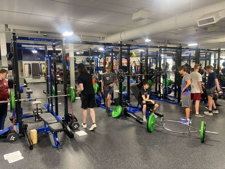 Students work out in the Reedsburg High School weight room.