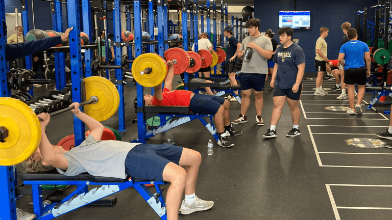 Students work out in the Baraboo High School weight room.