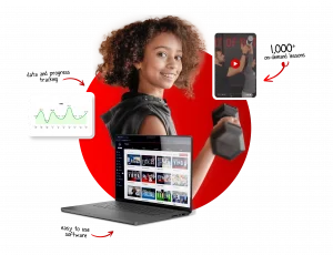 Image of female lifter with data graph and laptop