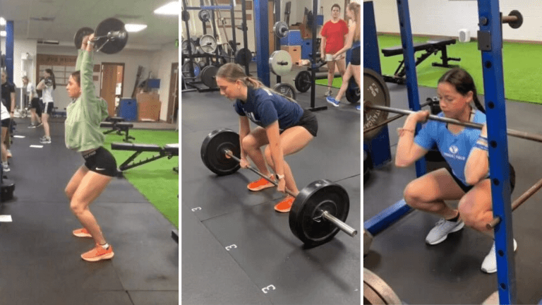 Preston High School female student-athletes working out.