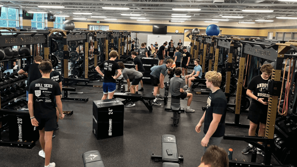 Andover High School student athletes work out in the weight room.