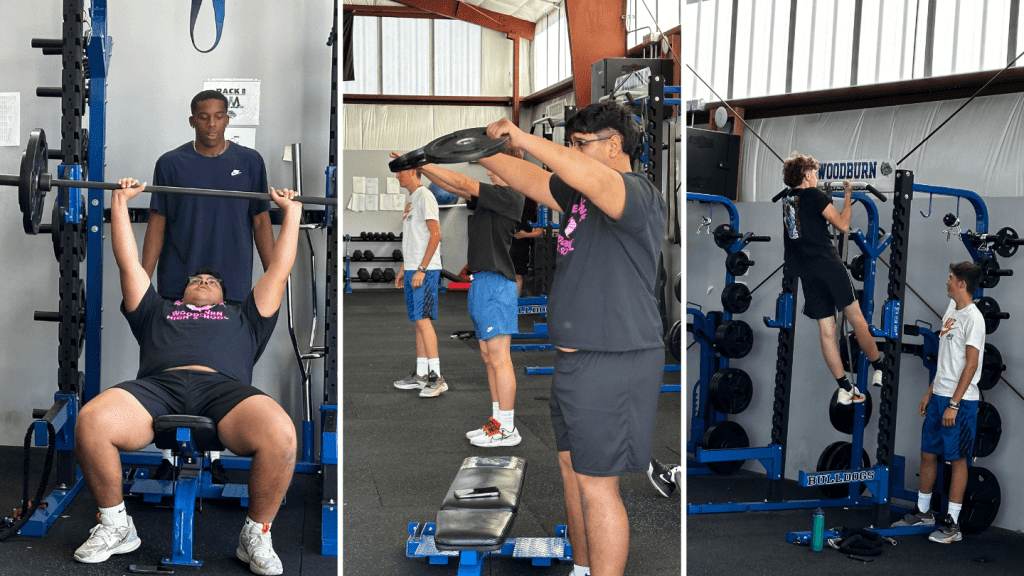 Collage of photos from Woodburn High School weight room and students working out