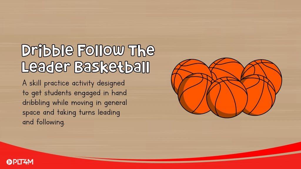 Dribble Follow The Leader basketball title slide and activity description.