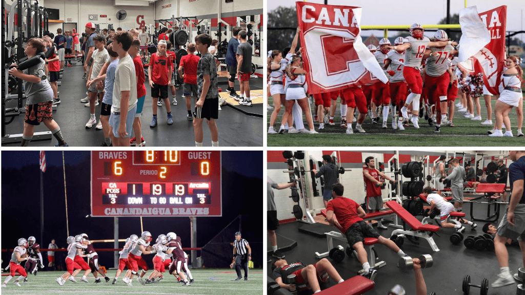 Collage from Canandaigua Academy football team lifts and playing on the field.
