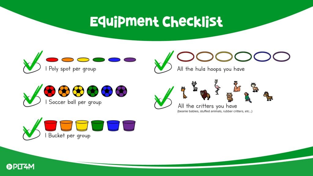 Equipment checklist for Kicking for Critters elementary soccer game.
