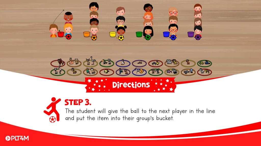 Directions slide for Kicking for Critters elementary soccer game.
