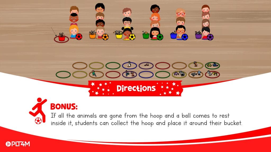 Directions slide for Kicking for Critters elementary soccer game.