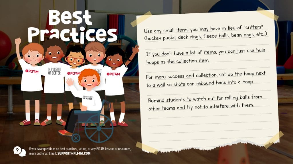 Best practices slide for Kicking for Critters elementary soccer game.