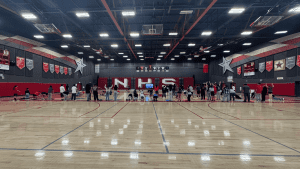 Double PE class at North High School in California completing a bodyweight bootcamp workout.