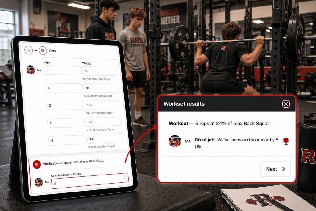 PLT4M workset featured on a tablet with students working out in background.
