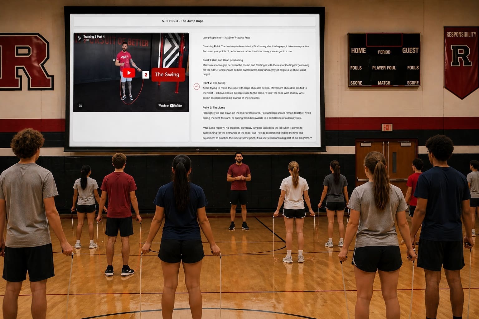 Classmode feature showing gymnasium projector displaying PLT4M with students following along.