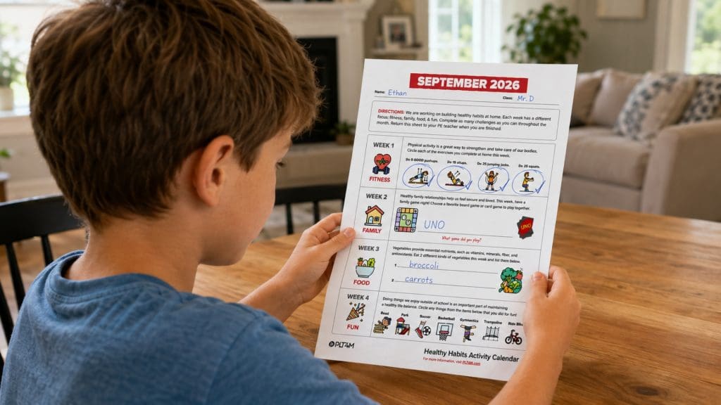 A student holding a PLT4M healthy habit activity calendar.