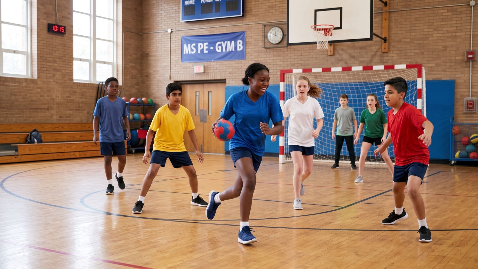 group of students playing handball in pe