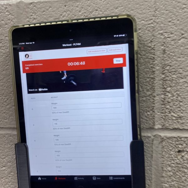 A tablet mounted in the Jacksonville High School weight room.