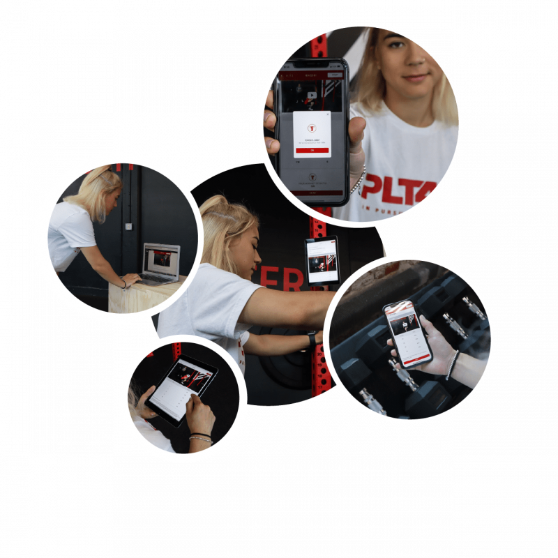 athletics Collage of PLT4M demo athlete working out and using technology in weight room.